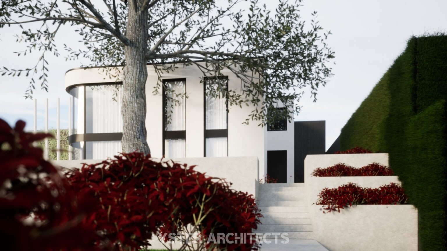 Wizualizacja nowoczesnego domu z zaokrąglonym narożnikiem, dużymi oknami i minimalistycznym ogrodem z czerwonymi krzewami. Widoczne schody i drzewo.