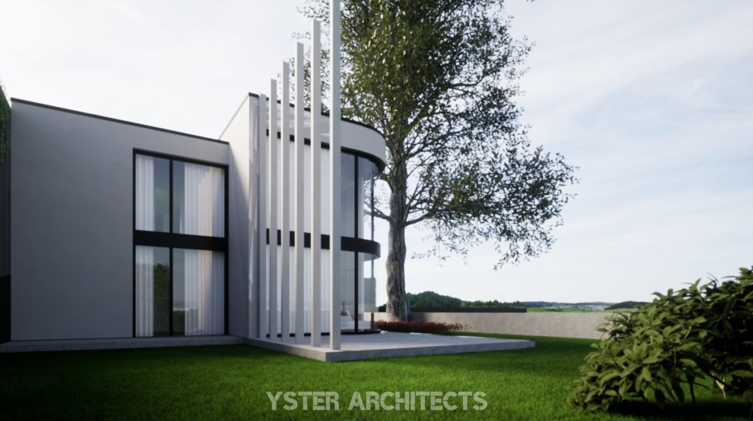 Wizualizacja domu jednorodzinnego z elementami nowoczesnej architektury: białe, pionowe lamele, zaokrąglone okna i minimalistyczna bryła na tle zieleni.