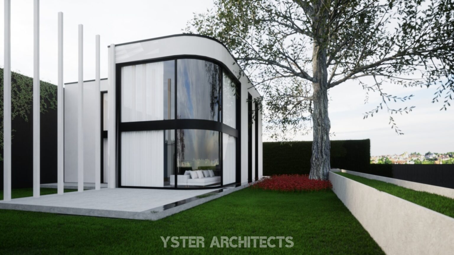 Wizualizacja nowoczesnego domu z zaokrąglonym narożnikiem i dużymi oknami, otoczonego zielenią. Minimalistyczna architektura z białymi elementami i czarnymi ramami okiennymi.