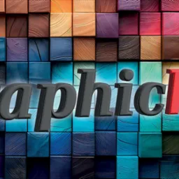 Tekst 'Graphichelp' ułożony na tle mozaiki z kolorowych, drewnianych kostek.