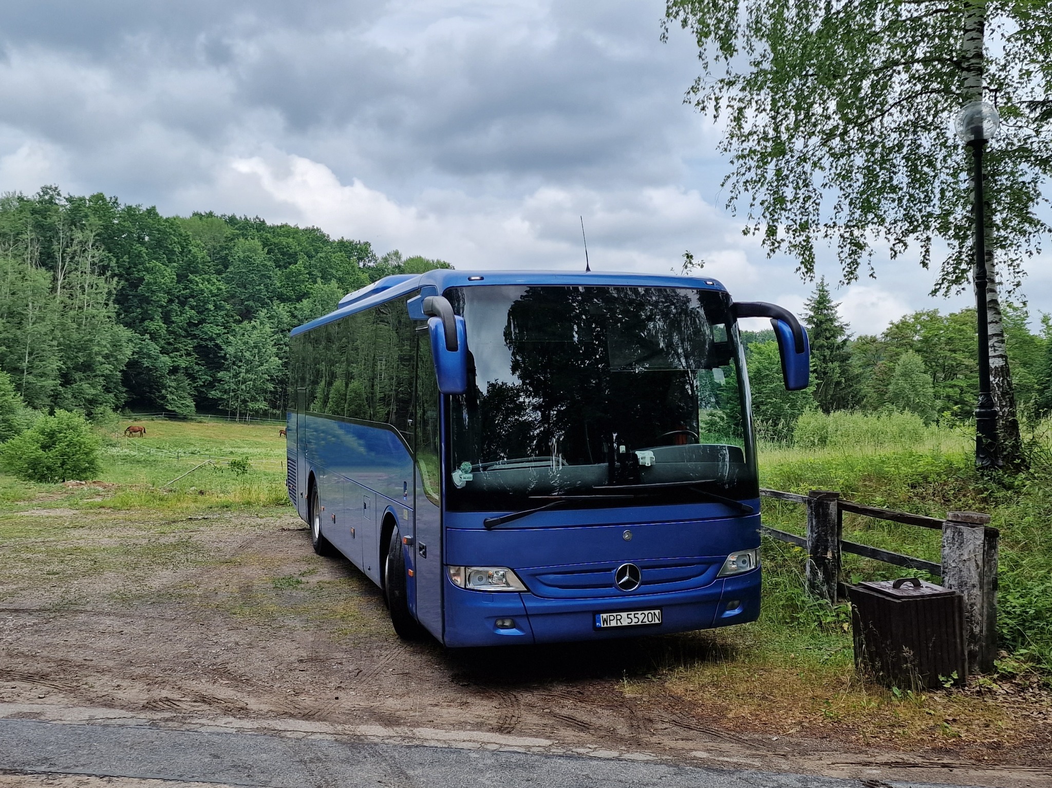 Niebieski autokar marki Mercedes zaparkowany na polnej drodze z widokiem na zielone pastwisko z pasącymi się końmi w tle.