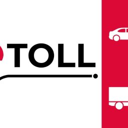 CALIBRATE - Logo e-TOLL z ikonami samochodu osobowego i ciężarówki na czerwono-białym tle.