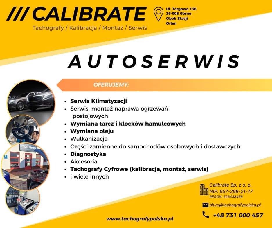 Ulotka reklamowa warsztatu samochodowego Calibrate z ofertą usług: serwis klimatyzacji, montaż ogrzewań postojowych, wymiana tarcz i klocków hamulcowych, wulkanizacja, diagnostyka i inne, z adresem...