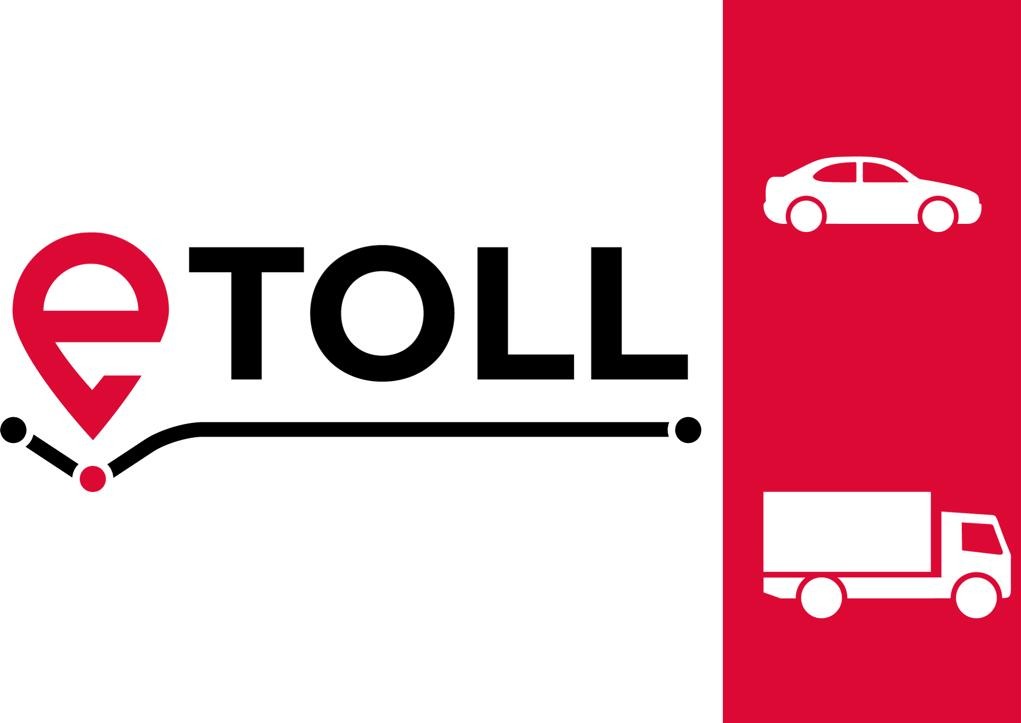 Logo e-TOLL z ikonami samochodu osobowego i ciężarówki na czerwono-białym tle.