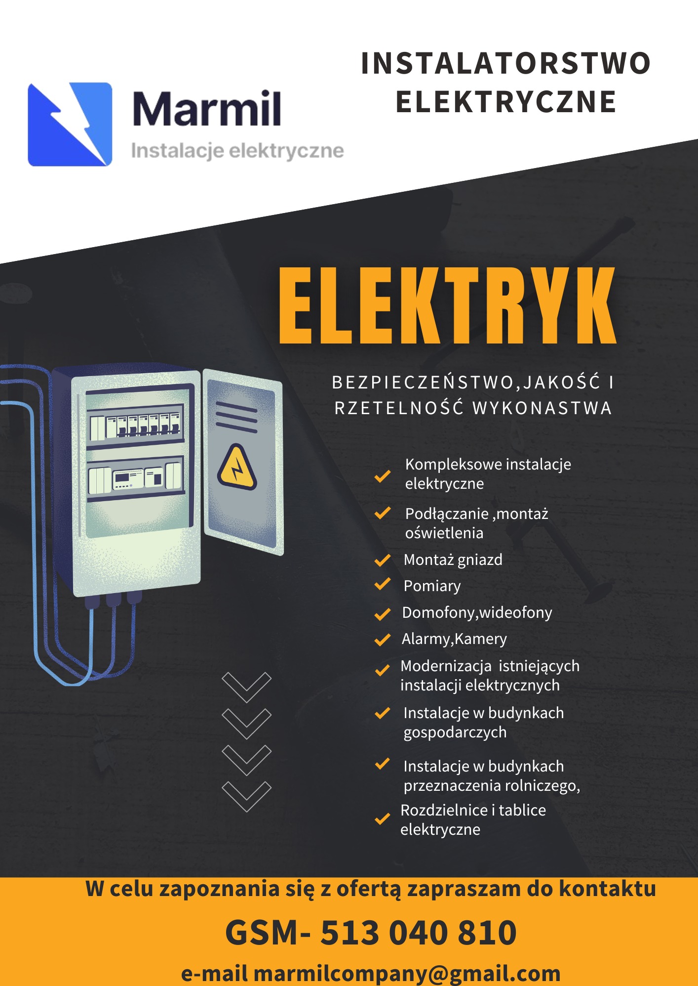 Grafika reklamowa firmy Marmil Instalacje Elektryczne z ilustracją rozdzielnicy elektrycznej i hasłami: Elektryk, bezpieczeństwo, jakość, rzetelność wykonawstwa, oraz listą oferowanych usług...