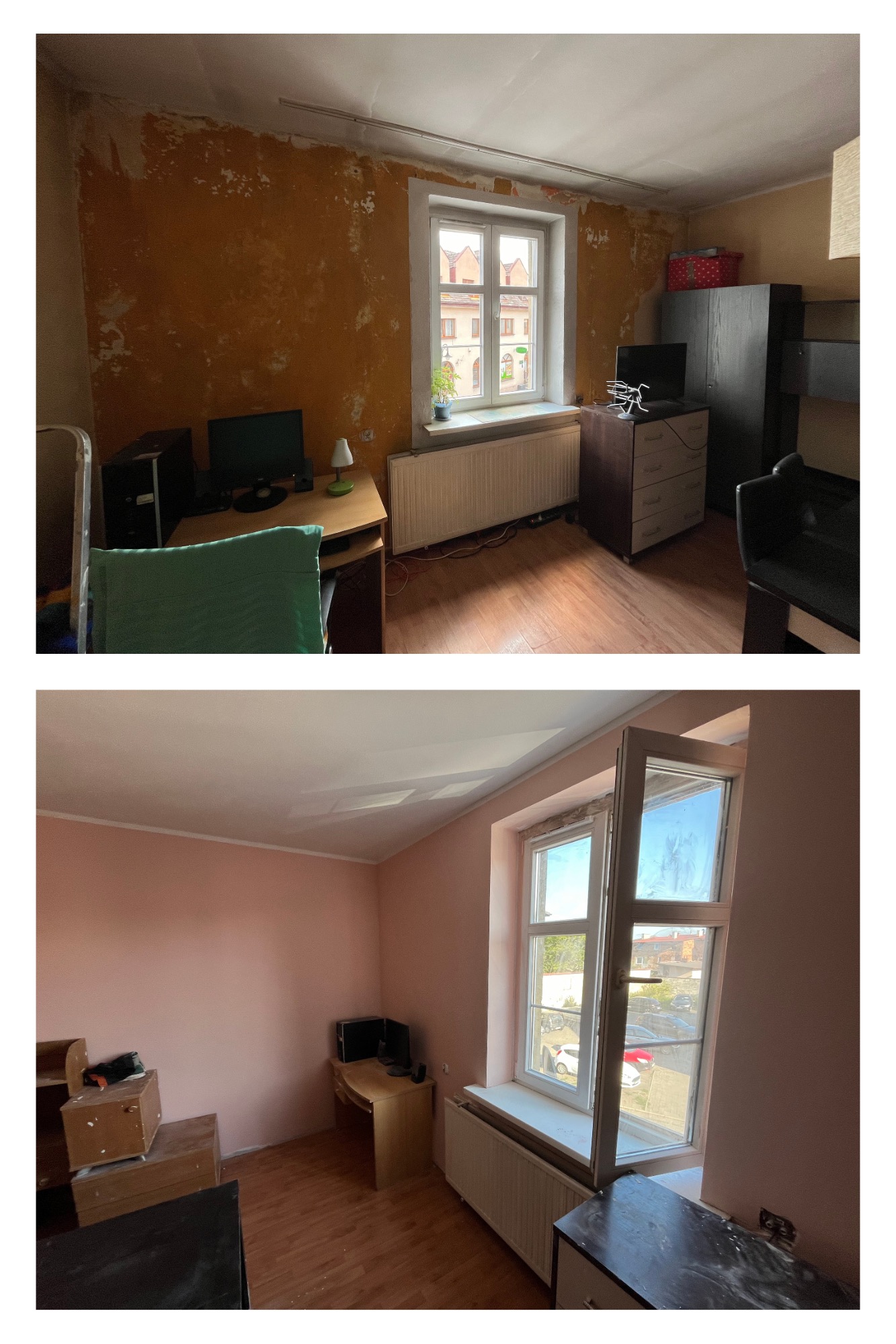 Dwa ujęcia tego samego pokoju: przed remontem z pomarańczowymi ścianami i po remoncie z różowymi ścianami. Widoczne okno, biurko i grzejnik.