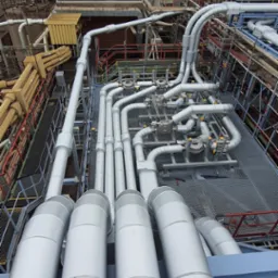 Widok z g&oacute;ry na skomplikowany system rur przemysłowych w fabryce, z licznymi złączkami, zaworami i izolacją, na tle budynk&oacute;w fabrycznych i pochmurnego nieba.