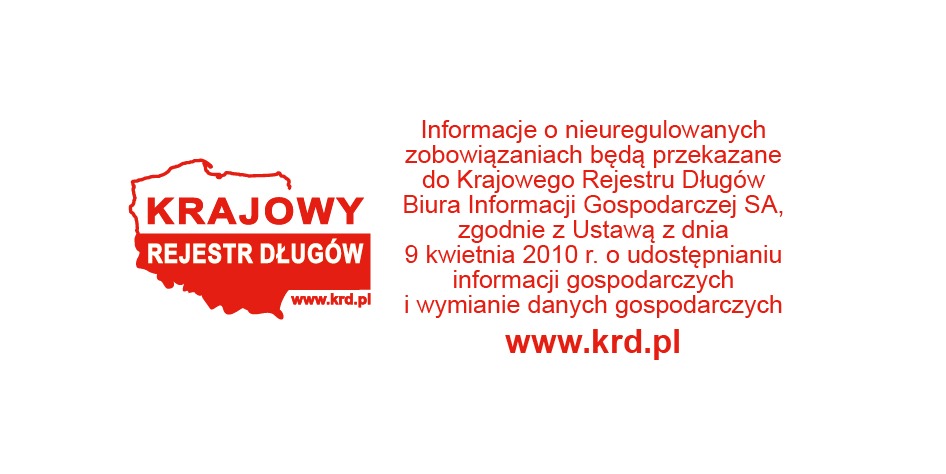 Logo Krajowego Rejestru Długów (KRD) w kolorze czerwonym, obok tekst informujący o przekazywaniu informacji o nieuregulowanych zobowiązaniach zgodnie z Ustawą z dnia 9 kwietnia 2010 roku,...