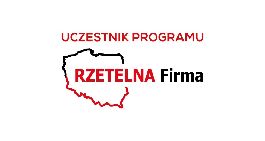 Logo programu 'Rzetelna Firma' z konturem Polski w kolorach czerwonym i czarnym na białym tle.
