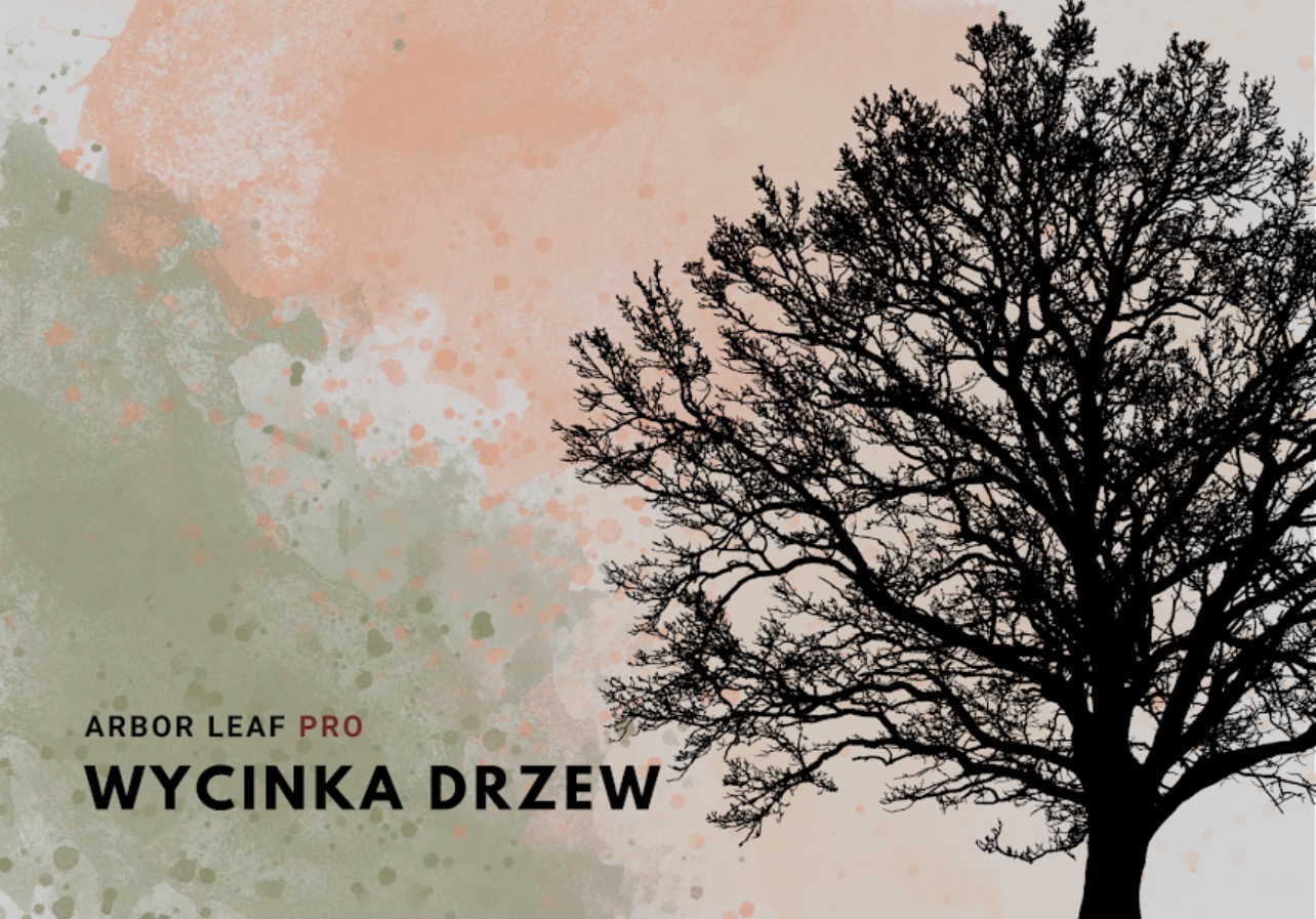 Grafika z sylwetką drzewa na tle abstrakcyjnych plam w odcieniach zieleni i beżu. Widoczny napis 'Wycinka drzew' i nazwa firmy 'Arbor Leaf Pro'.