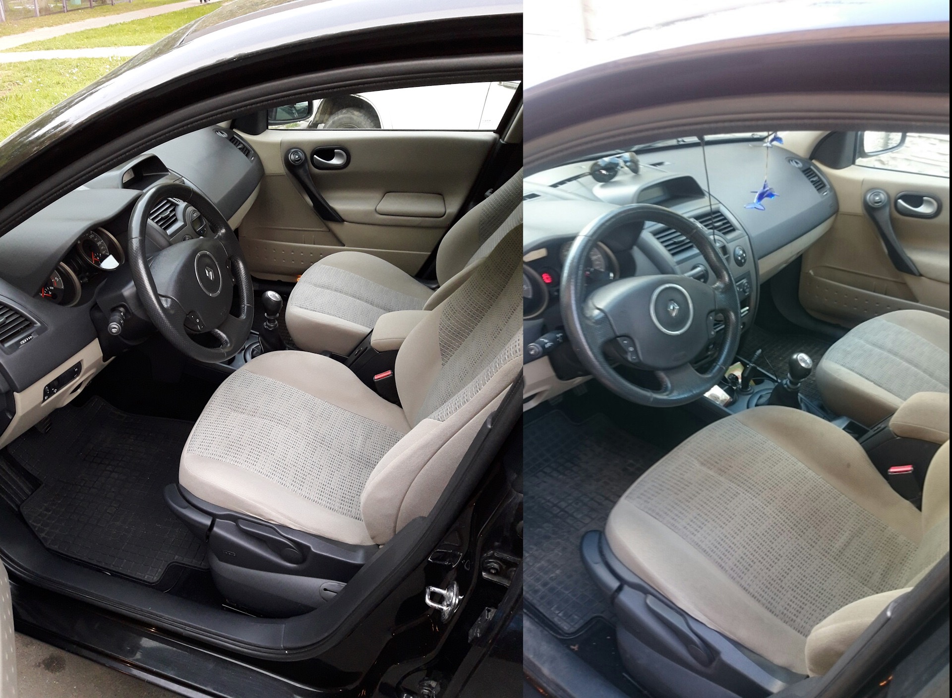 Wnętrze czarnego samochodu z beżową tapicerką, widok na przednie fotele i deskę rozdzielczą z dwóch różnych perspektyw.