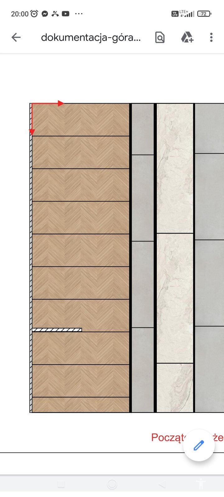 Projekt ściany z panelami drewnopodobnymi ułożonymi w jodełkę, przeplatanymi płytkami imitującymi marmur i szary beton. Wizualizacja z detalami wykończenia.