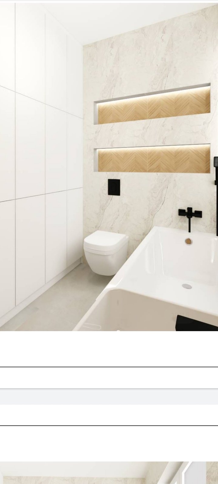 Nowoczesna łazienka z wanną, toaletą podwieszaną i szafkami w zabudowie. Na ścianie marmurowe płytki z podświetlanymi wnękami wykończonymi drewnem.