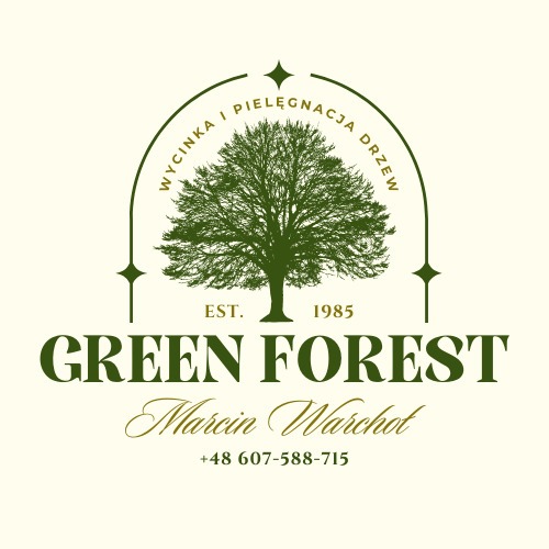 Logo firmy Green Forest z zielonym drzewem i napisem 'Wycinka i pielęgnacja drzew' w ozdobnym łuku, rok założenia 1985, imię i nazwisko Marcin Warchoł oraz numer telefonu