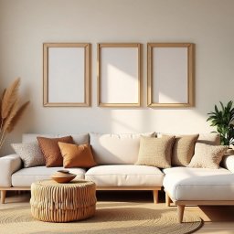 Jasny salon z sofą narożną, okrągłym stolikiem z rattanu, trzema ramkami na ścianie i drewnianym regałem z roślinami. Naturalne światło, beżowa kolorystyka.