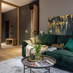 Radosław - Stylowy salon z zieloną sofą, na której leży kot, stolik kawowy z wazonem i magazynem, oraz abstrakcyjny obraz na ścianie. Drewniane elementy dodają ciepła wnętrzu.