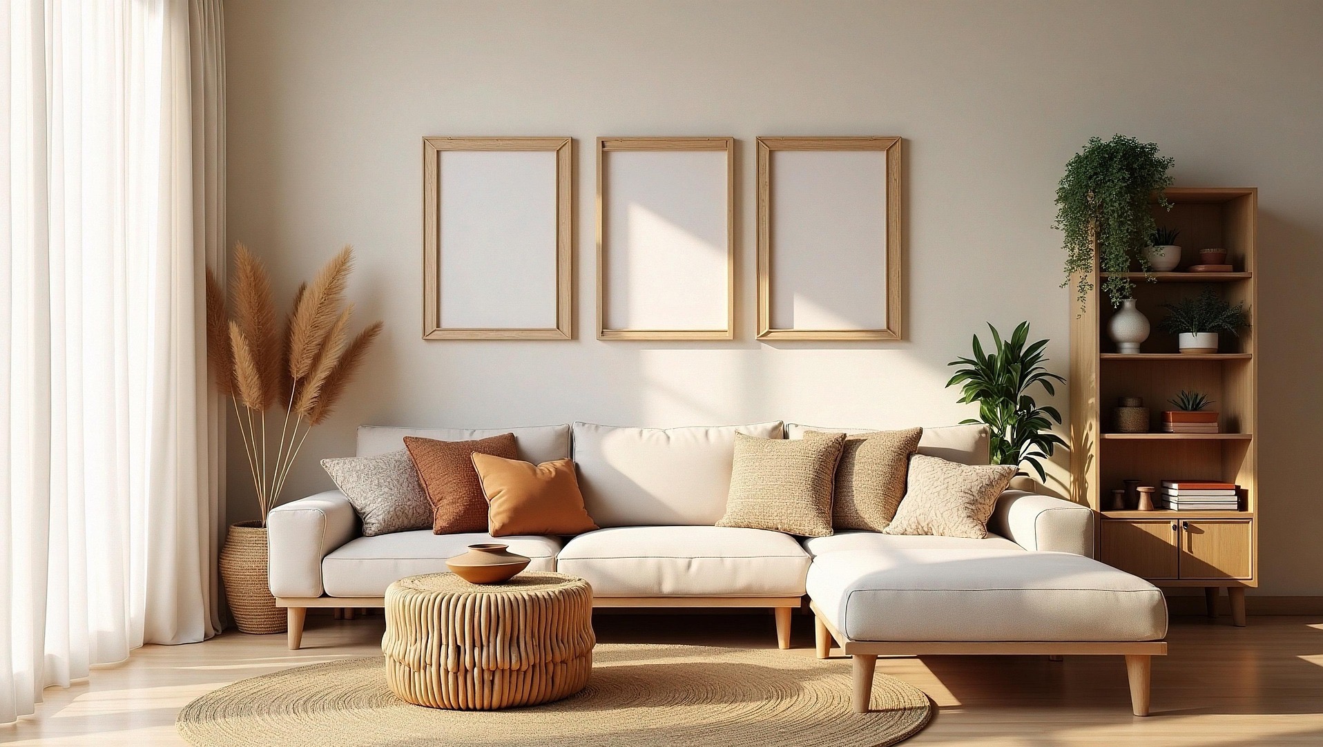 Jasny salon z sofą narożną, okrągłym stolikiem z rattanu, trzema ramkami na ścianie i drewnianym regałem z roślinami. Naturalne światło, beżowa kolorystyka.
