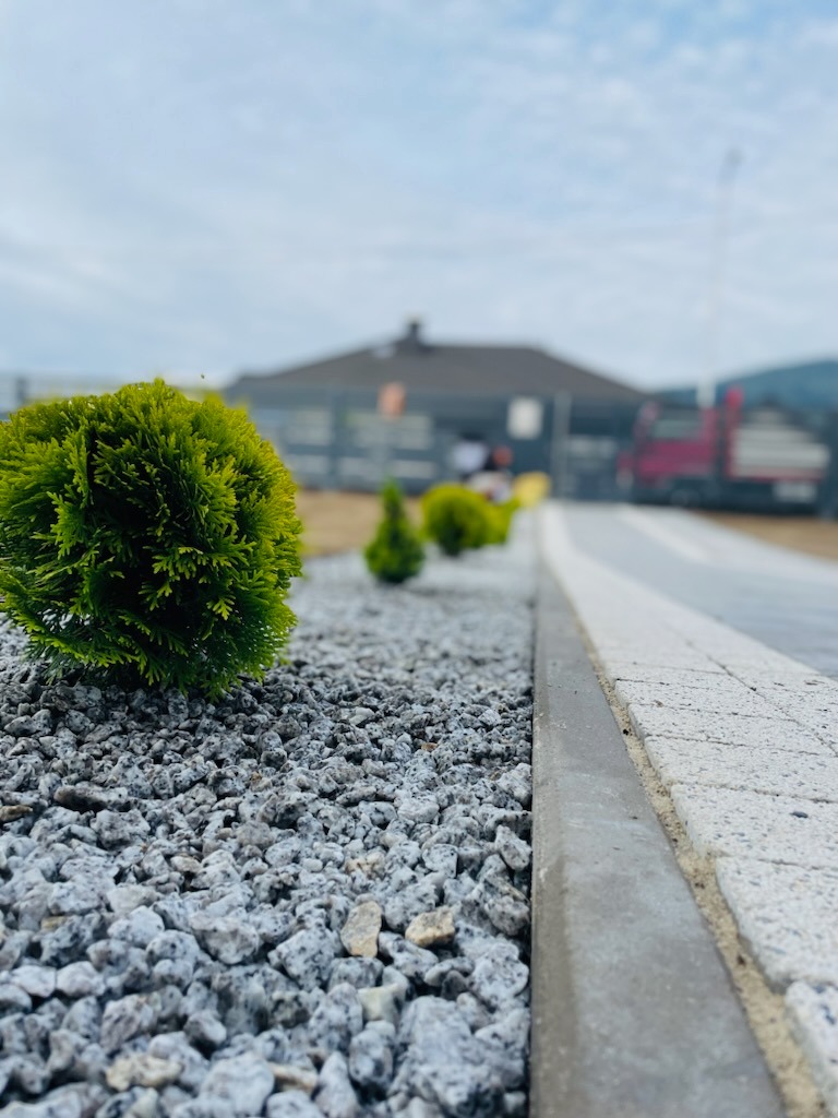 Ułożona kostka brukowa z obrzeżem, wysypana szarym grysem i obsadzona kulistymi tujami na tle budynku i ciężarówki.