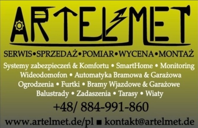Logo firmy Artelmet z ofertą usług: serwis, sprzedaż, pomiar, wycena, montaż systemów zabezpieczeń, smart home, monitoringu, wideodomofonów, automatyki bramowej, ogrodzeń, balustrad, zadaszeń...