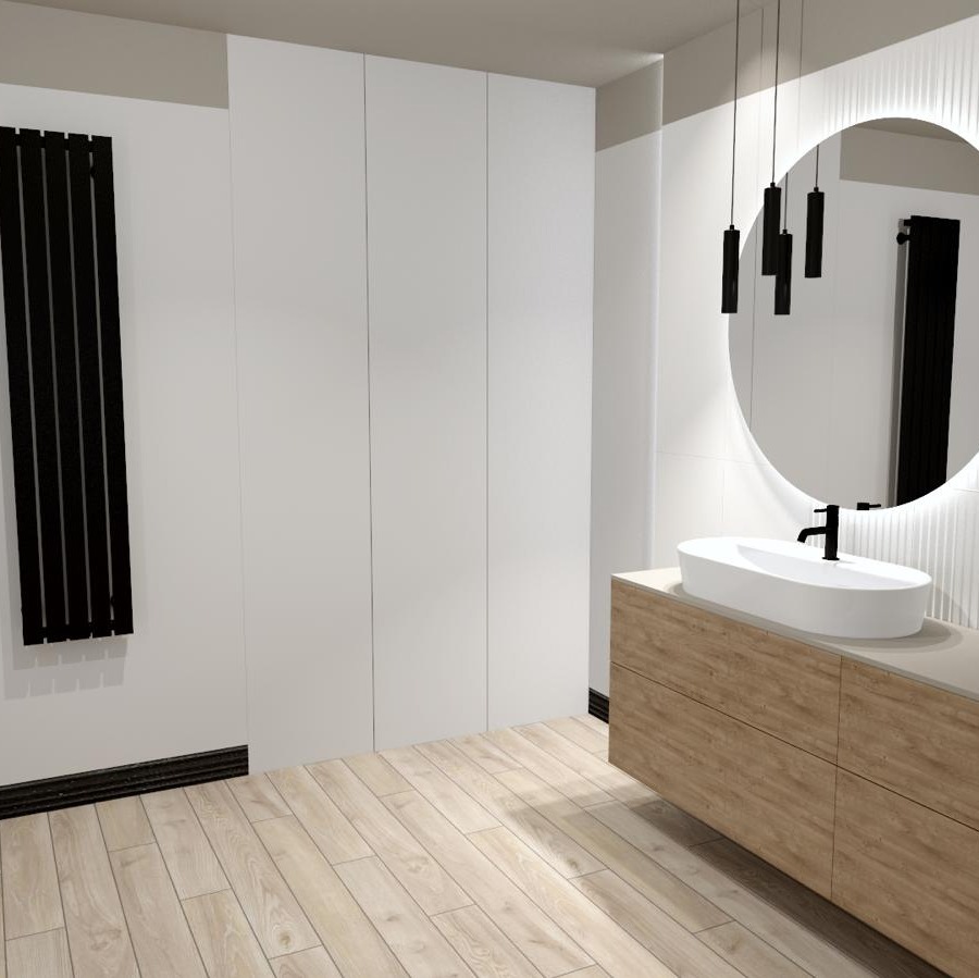 Nowoczesna łazienka z owalną umywalką nablatową, podświetlanym lustrem, wiszącymi lampami i czarnym grzejnikiem drabinkowym na białej ścianie.