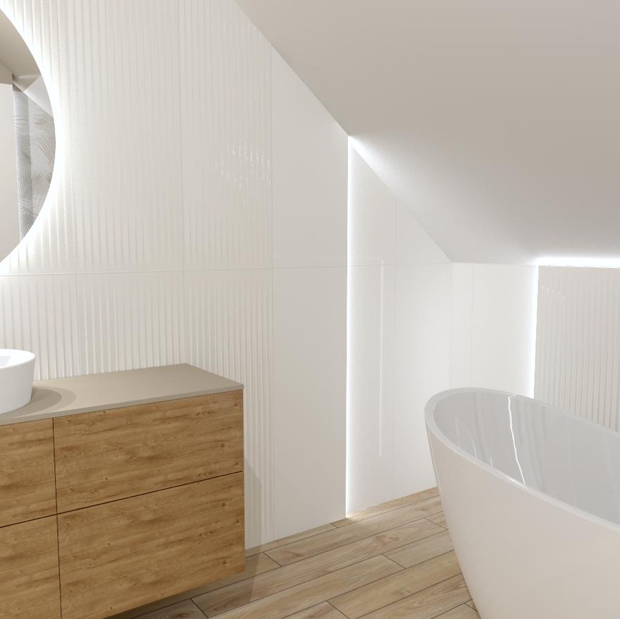 Nowoczesna łazienka na poddaszu z białymi, pionowo żłobionymi płytkami ściennymi, drewnopodobną podłogą, szafką pod umywalką z drewnianymi frontami i owalną, wolnostojącą wanną.