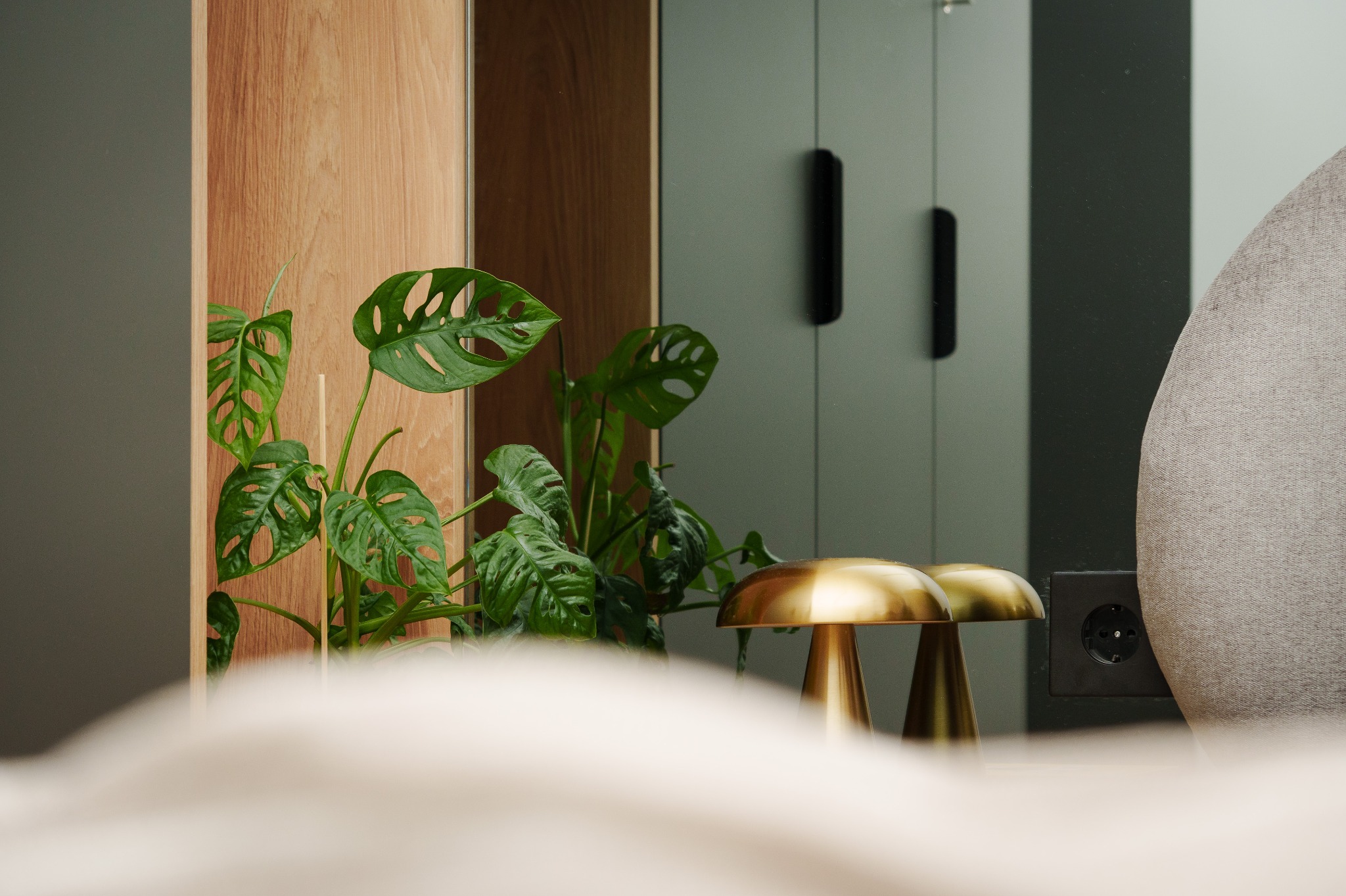 Minimalistyczne wnętrze: zielona roślina Monstera Monkey Mask, złota lampka stołowa i fragment zagłówka łóżka na tle drewnianej ściany i zielonych drzwi.