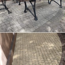 PUC MAJSTER - Porównanie kostki brukowej przed i po czyszczeniu: górna część zdjęcia przedstawia brudną, szarą kostkę brukową z elementami stołu ogrodowego, dolna część ukazuje odnowioną, jasną kostkę brukową...