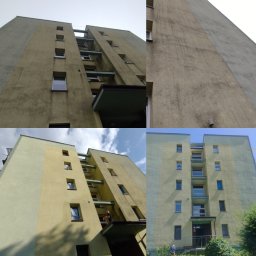 PUC MAJSTER - Czteropanelowe ujęcie wysokiego bloku mieszkalnego: przed i po renowacji elewacji, z pracownikiem na balkonie oraz widokiem na odnowiony budynek z dołu.