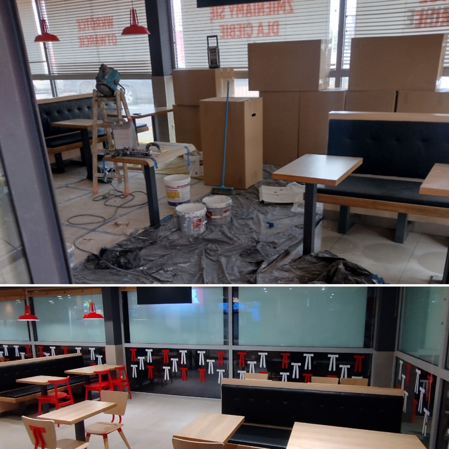 Wnętrze lokalu gastronomicznego w trakcie odświeżania: widoczne przykryte folią meble, puszki z farbą i drabina z narzędziami malarskimi, w tle oklejone okna i ustawione kartony