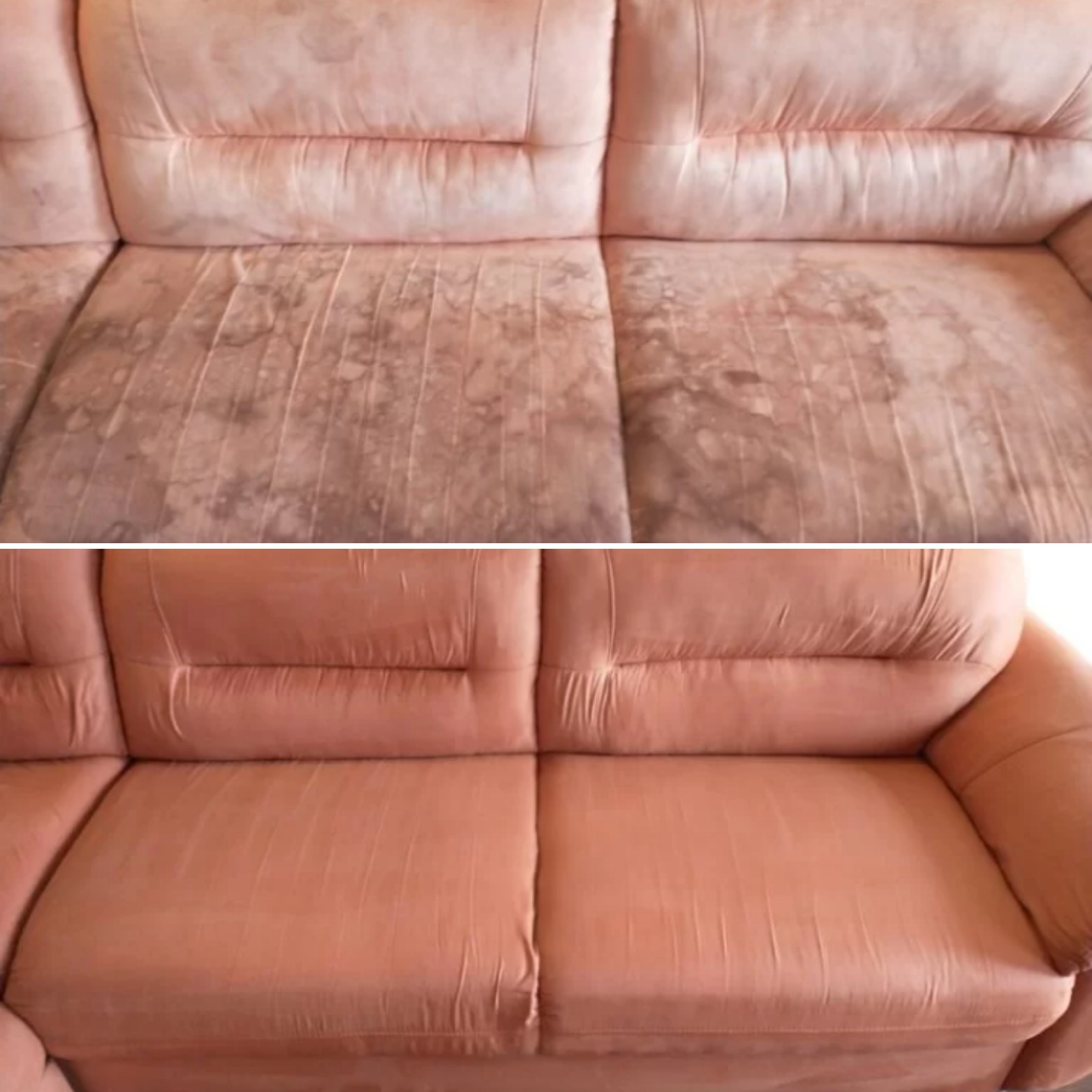 Porównanie stanu kanapy przed i po czyszczeniu: widoczne zabrudzenia na górnej połowie zdjęcia i czysta, różowa tapicerka na dolnej połowie.