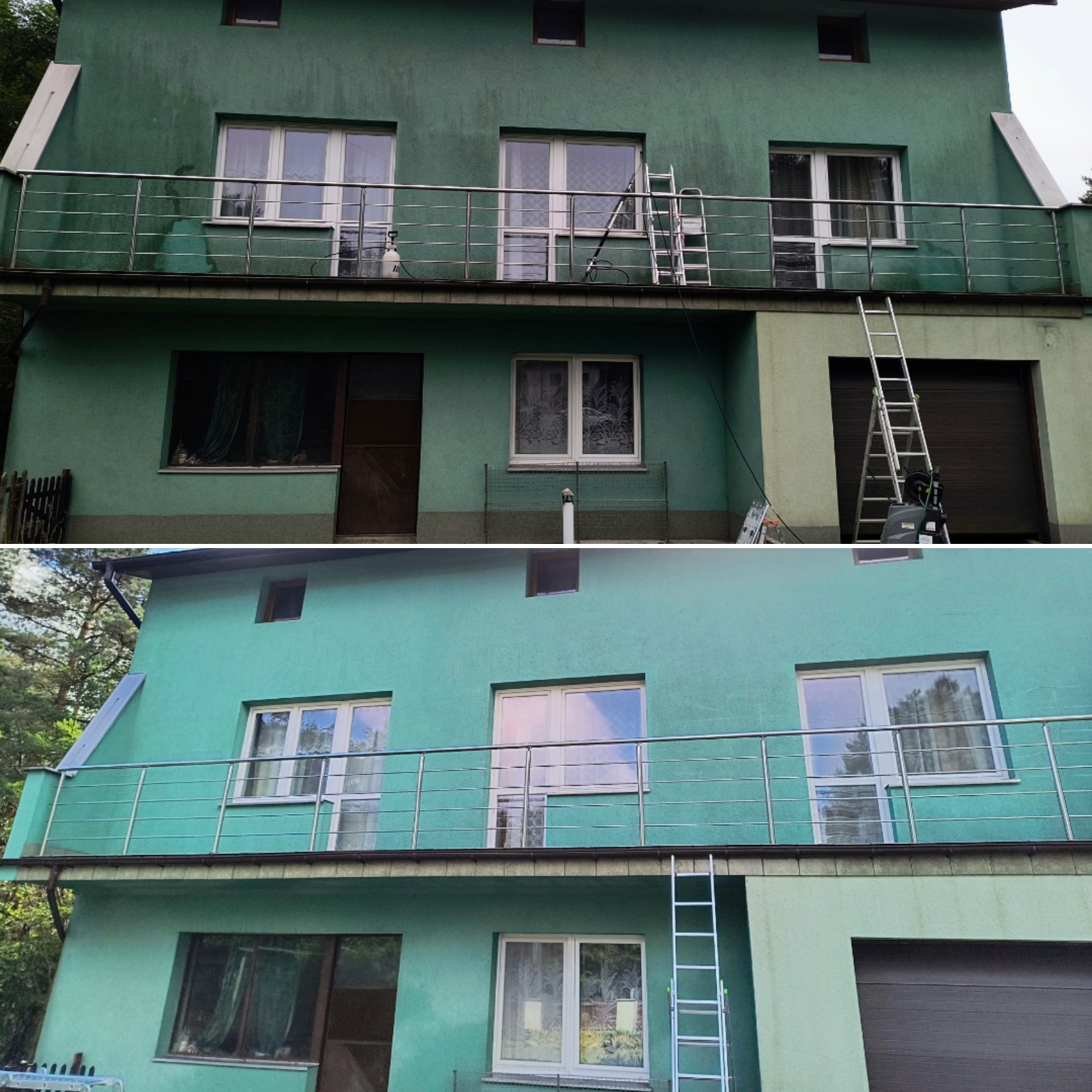 Dwuczęściowe ujęcie domu przed i po zabiegu czyszczenia elewacji, prezentujące różnicę w kolorze i usunięciu zabrudzeń; na balkonie widoczna drabina i sprzęt do czyszczenia.