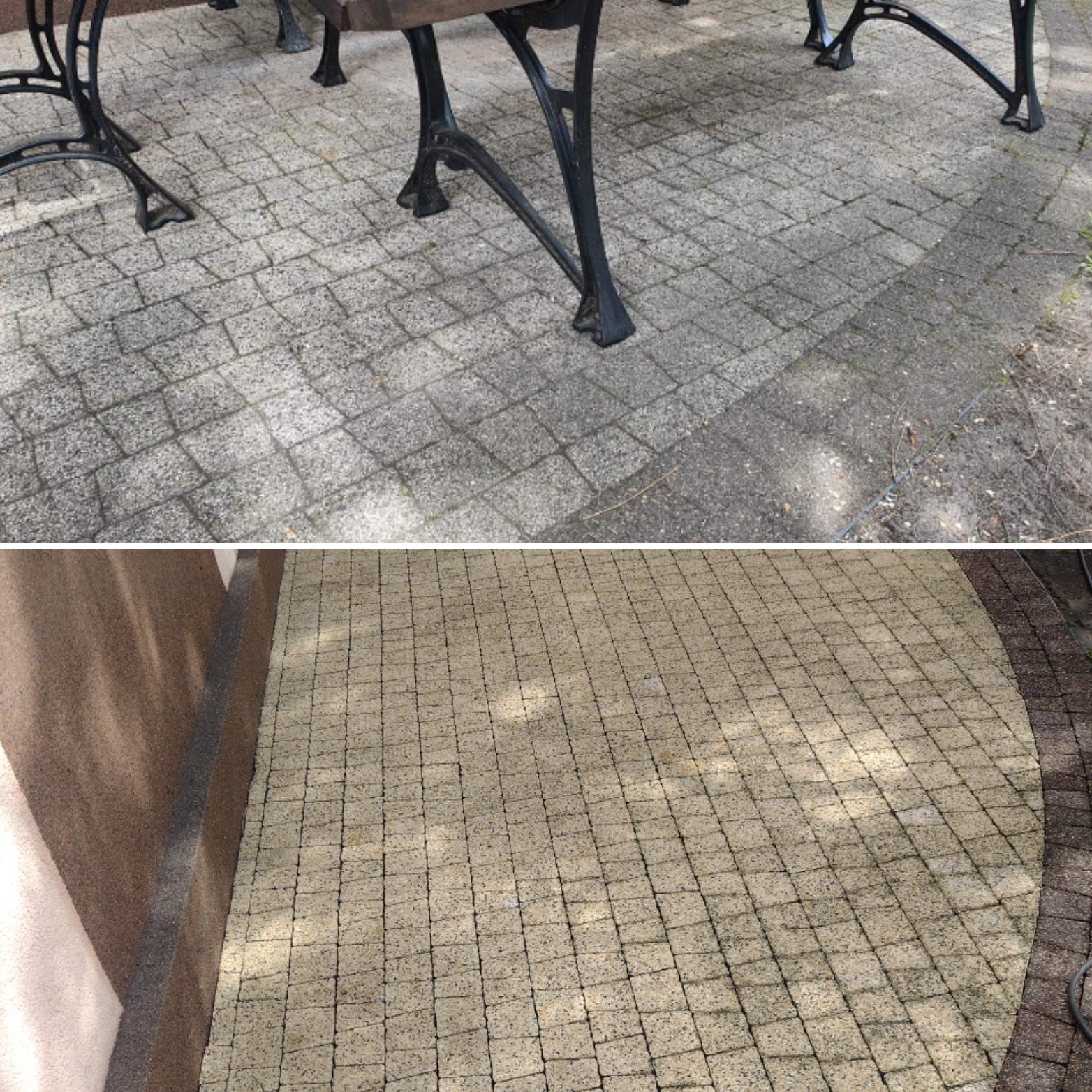 Porównanie kostki brukowej przed i po czyszczeniu: górna część zdjęcia przedstawia brudną, szarą kostkę brukową z elementami stołu ogrodowego, dolna część ukazuje odnowioną, jasną kostkę brukową...