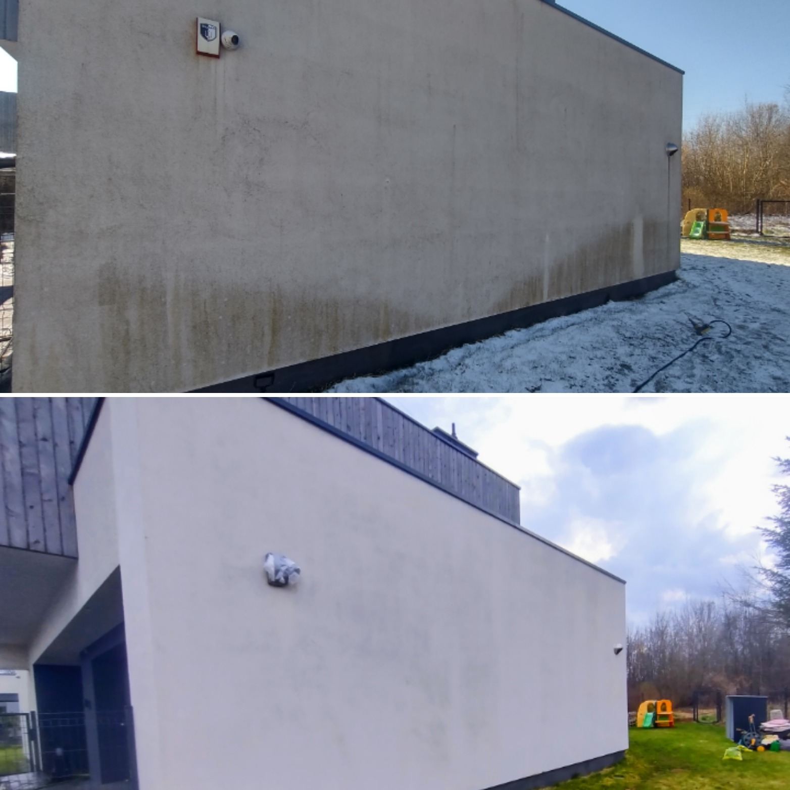 Porównanie elewacji budynku przed i po czyszczeniu, widoczne różnice w zabrudzeniach i odcieniach koloru, kamera monitoringu na ścianie.
