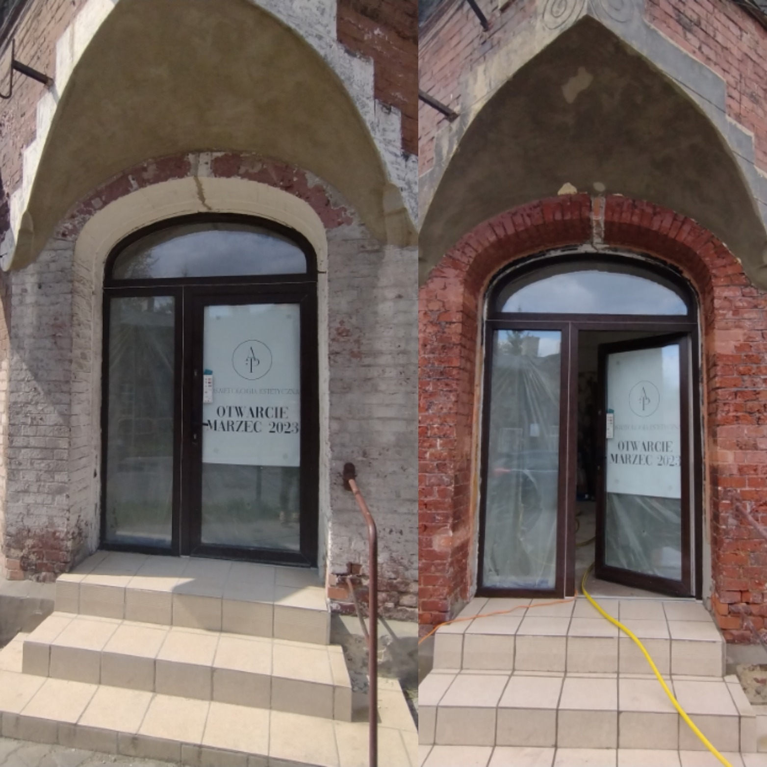 Porównanie stanu elewacji budynku przed i po renowacji, widoczne różnice w kolorze cegły i czystości fug, z otwartymi drzwiami wejściowymi z plakatem informującym o otwarciu salonu.