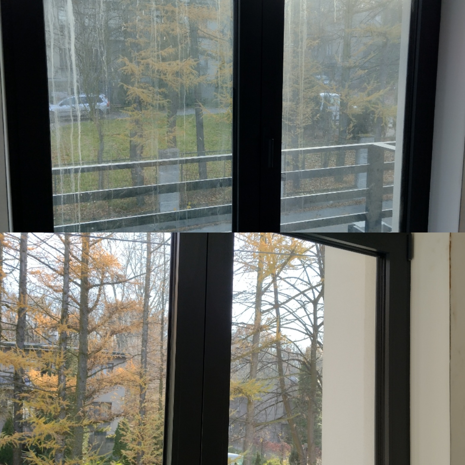 Częściowo umyte okno balkonowe z czarną ramą, widok na jesienne drzewa i balustradę balkonu, różnica w czystości szkła przed i po zabiegu.