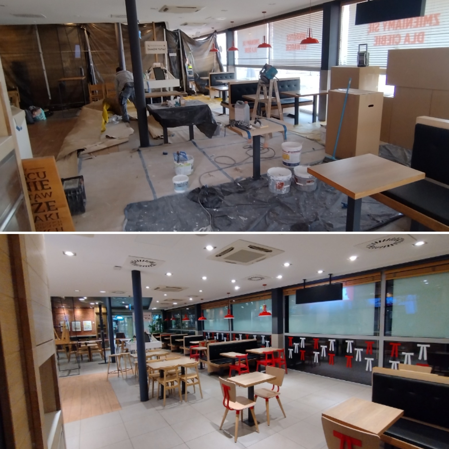 Dwa ujęcia tego samego wnętrza restauracji: górne przedstawia etap malowania, z folią ochronną, wiadrami farby i narzędziami, dolne ukazuje gotową salę z meblami i oświetleniem.