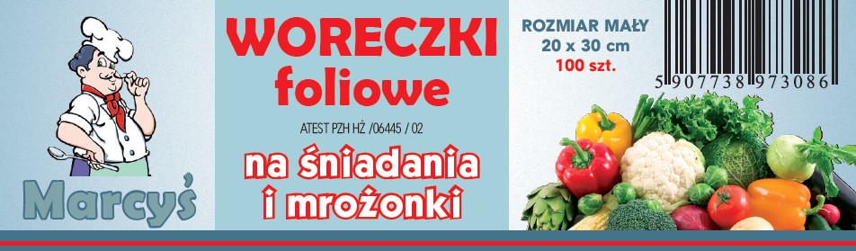 Grafika reklamowa: Woreczki foliowe Marcyś na śniadania i mrożonki, rozmiar mały 20x30cm, 100 sztuk. W tle warzywa i owoce.