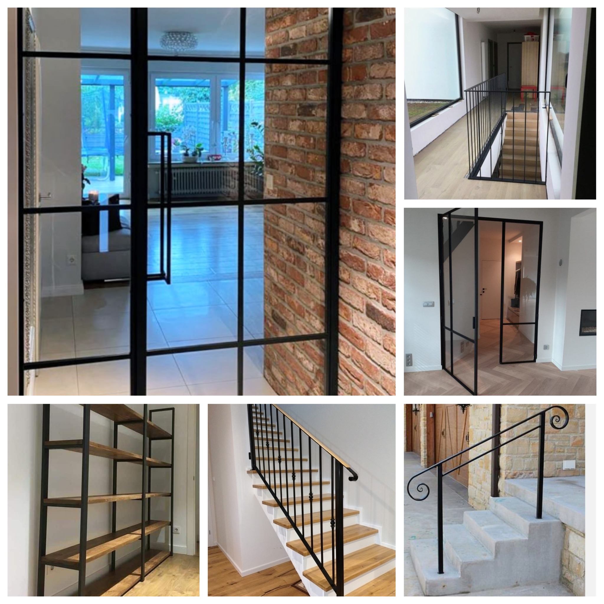 Zestawienie zdjęć: stalowe konstrukcje w nowoczesnych wnętrzach. Widoczne szklane drzwi z czarnymi ramami, regał, balustrady schodowe i barierki.