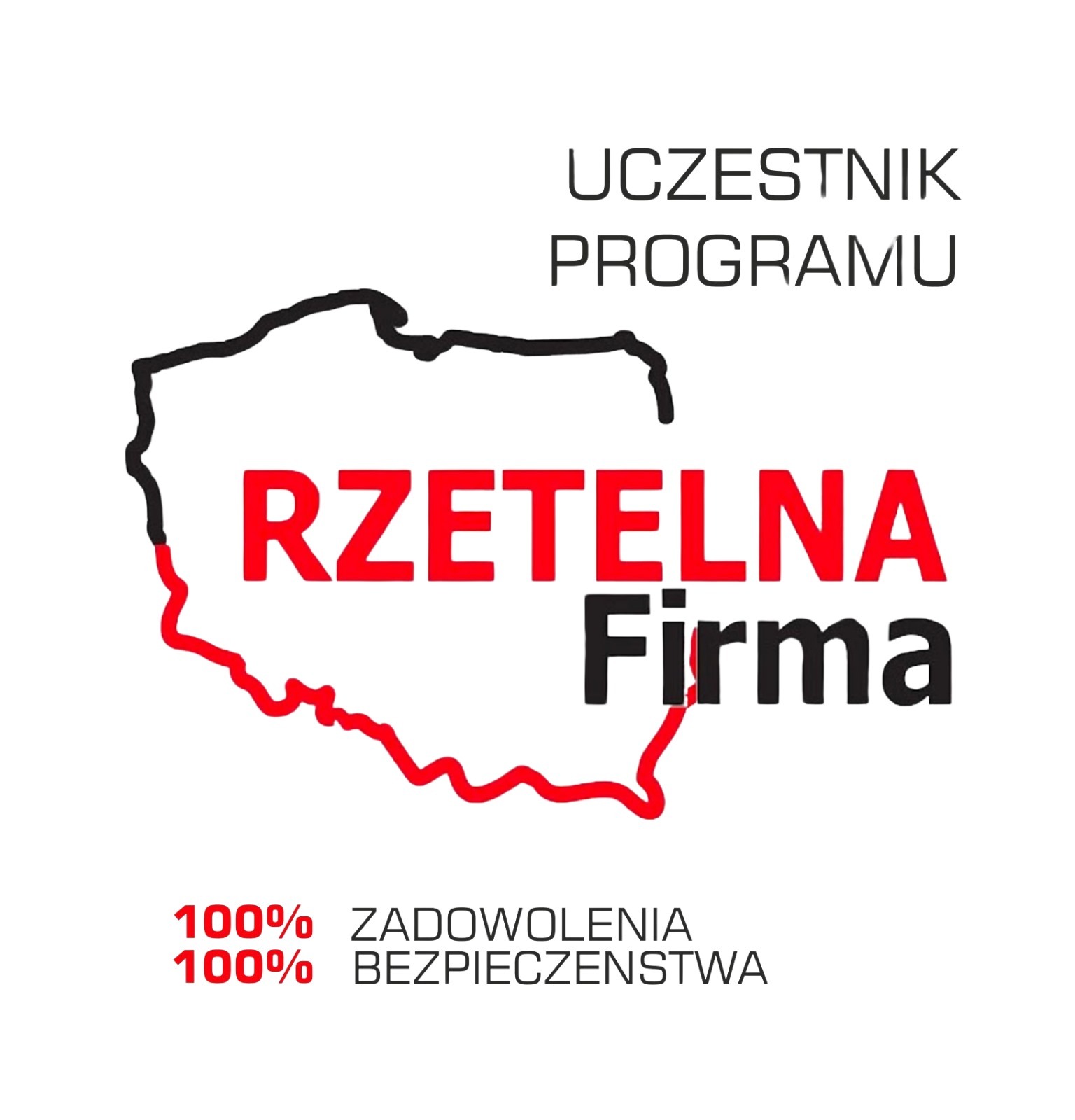 Logo programu Rzetelna Firma z obrysem mapy Polski w kolorach czarnym i czerwonym oraz hasłem 100% Zadowolenia i 100% Bezpieczeństwa.
