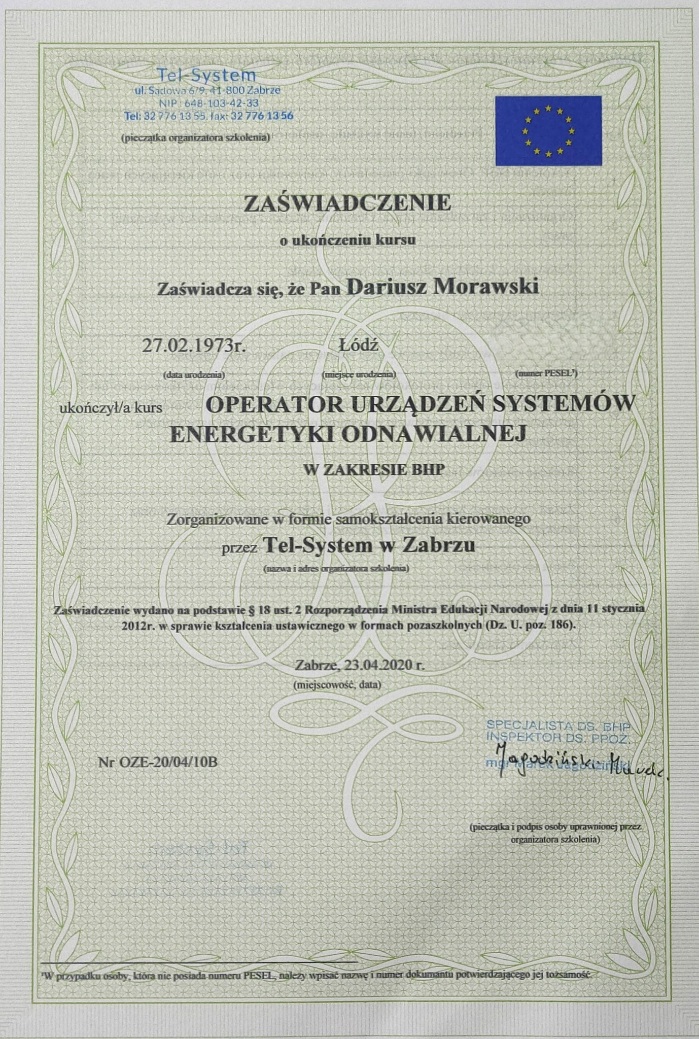 Skan zaświadczenia o ukończeniu kursu operatora urządzeń systemów energetyki odnawialnej, wydanego przez Tel-System w Zabrzu, z datą 23.04.2020, z podpisem specjalisty ds. BHP i inspektora ds. PPOŻ.