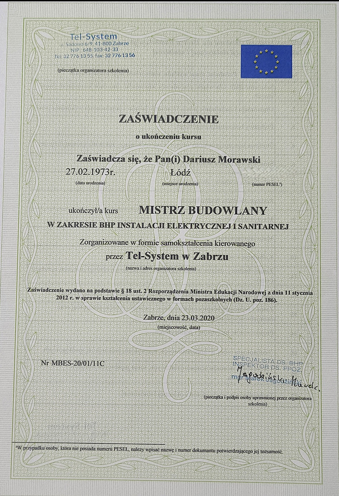 Skan zaświadczenia o ukończeniu kursu Mistrza Budowlanego w zakresie BHP instalacji elektrycznej i sanitarnej, wydanego przez Tel-System w Zabrzu, z datą 23.03.2020.