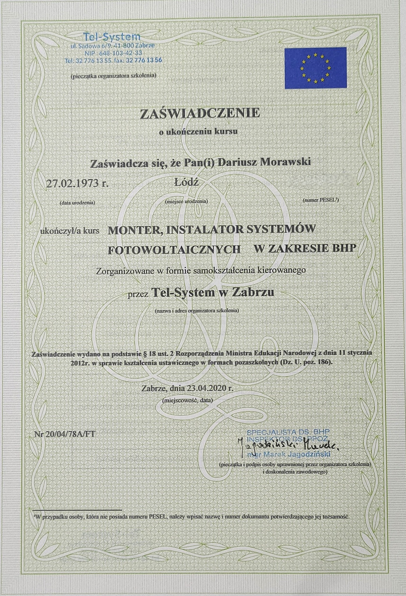 Skan zaświadczenia o ukończeniu kursu montera instalatora systemów fotowoltaicznych w zakresie BHP, wydanego przez Tel-System w Zabrzu dla Dariusza Morawskiego, z datą 23.04.2020.