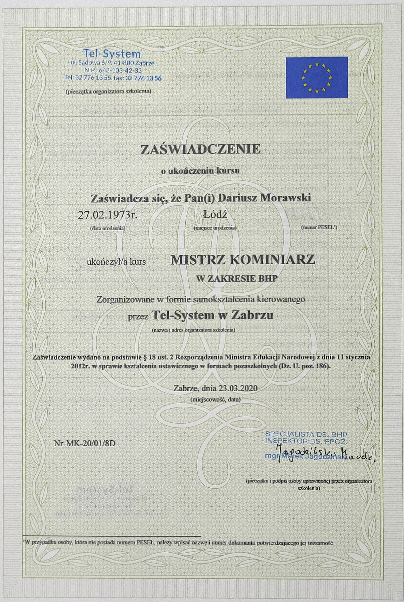 Skan zaświadczenia o ukończeniu kursu mistrza kominiarskiego w zakresie BHP, wydanego przez Tel-System w Zabrzu dla Dariusza Morawskiego, z datą 23.03.2020.