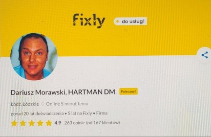 Profil firmy Dariusz Morawski, HARTMAN DM na platformie Fixly z oceną 4.9, zawierający zdjęcie profilowe, informację o doświadczeniu i lokalizacji w Łodzi.