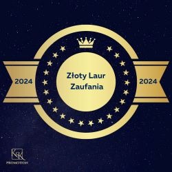Złoty Laur Zaufania 2024 na granatowym tle z gwiazdami, symbol jakości i wiarygodności, otoczony złotą obwódką i koroną.