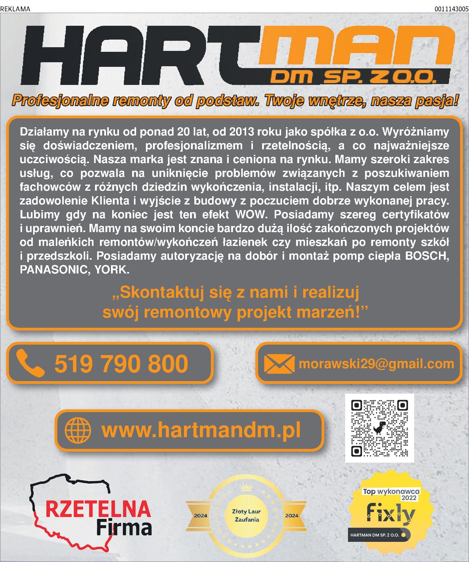 Reklama firmy remontowej Hartman DM Sp. z o.o. z numerem telefonu, adresem email i strony internetowej, hasłem 'Profesjonalne remonty od podstaw. Twoje wnętrze, nasza pasja!' oraz logotypami...