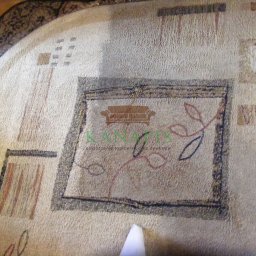 Mr. Glancer - Beżowy dywan z geometrycznym wzorem i motywem roślinnym, widoczne ślady czyszczenia i logo firmy na środku.