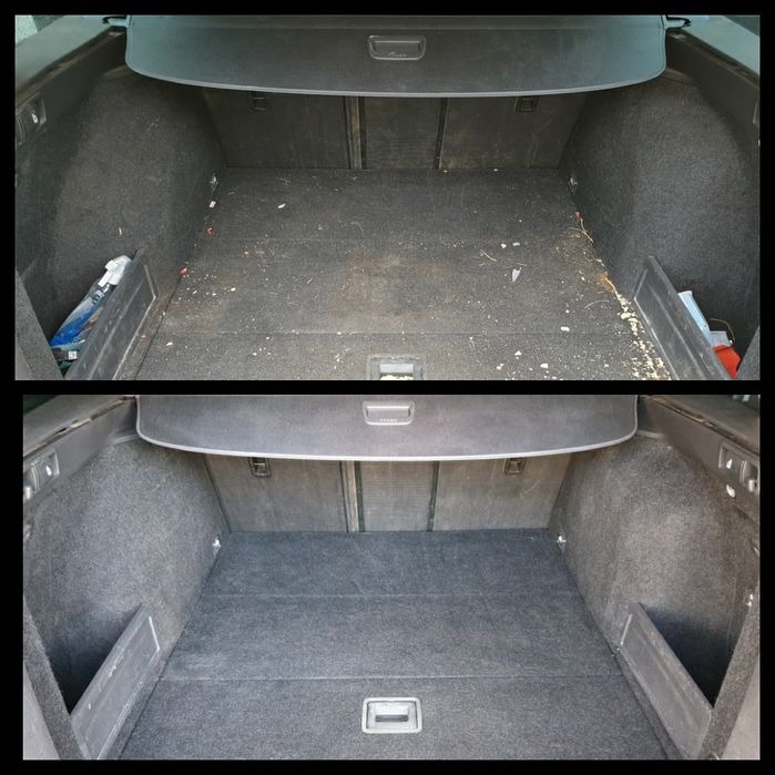 Bagażnik samochodu przed i po czyszczeniu, widoczne różnice w poziomie zabrudzeń i efekt końcowy.