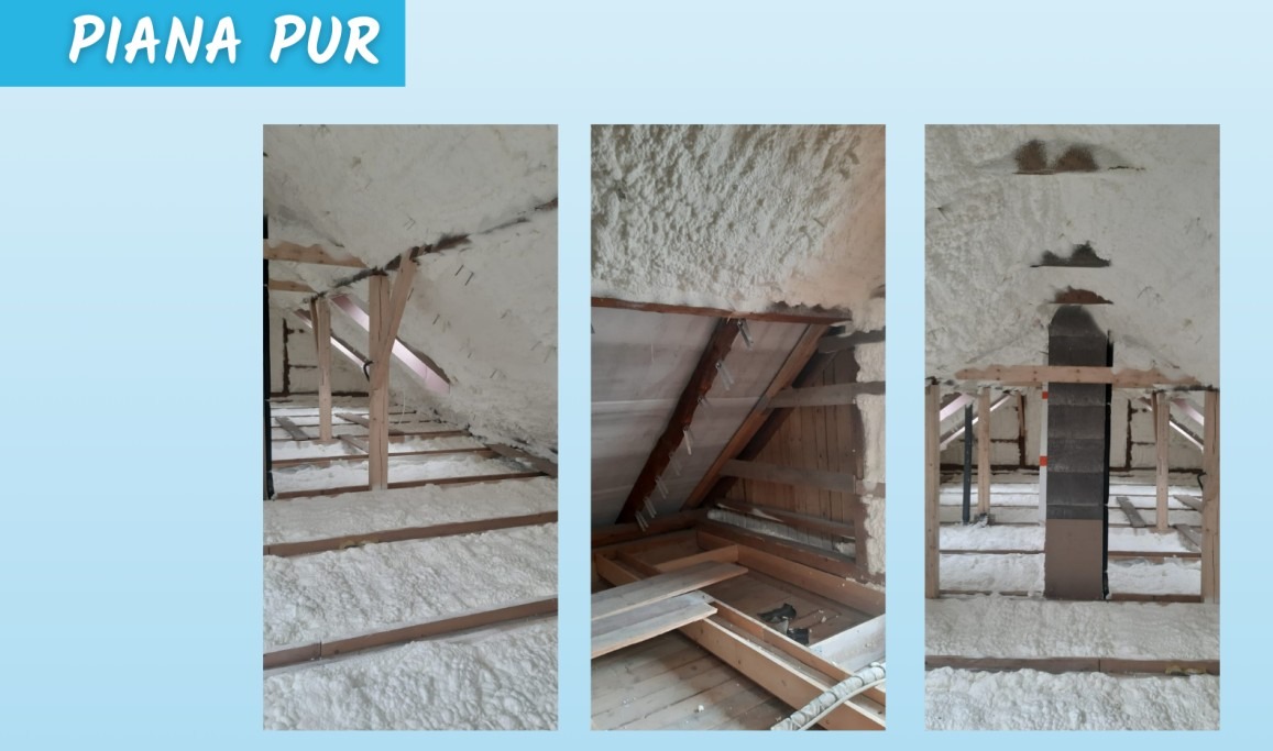 Poddasze ocieplone pianą PUR, widoczne drewniane elementy konstrukcyjne i fragmenty niezabezpieczonej instalacji kominowej, wykonane w trzech różnych ujęciach.