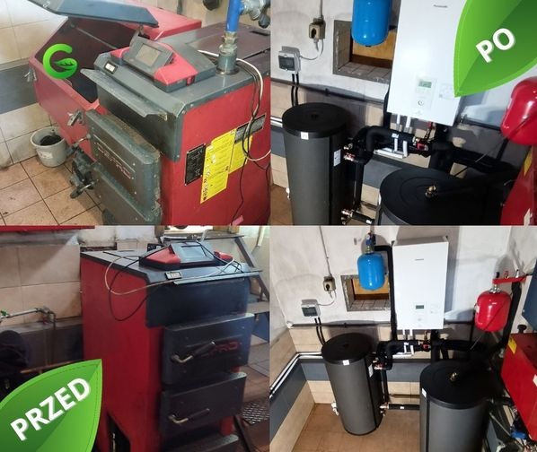 Porównanie stanu kotłowni przed i po modernizacji: stary, czerwony piec z podajnikiem na paliwo stałe zestawiony z nowoczesnym, białym piecem gazowym kondensacyjnym i dwoma zasobnikami ciepłej wody...